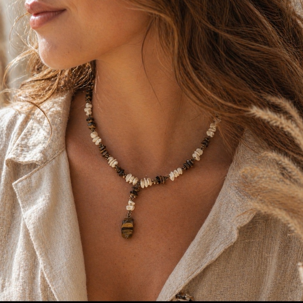 Vintage Tiger’s Eye & Ivory Stone Bead Necklace Boho Artisan Earthy Adjustable